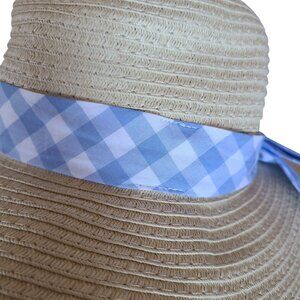 Girls Wide Brim Straw Sun Hat Blue Gingham Ribbon Bow Spring Easter Summer